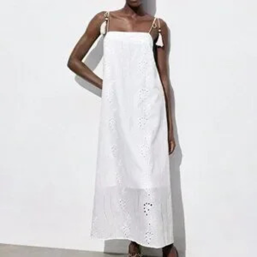 White Casual Women's Cotton Embroidered Long Spaghetti Strap Tassel Beach Dress